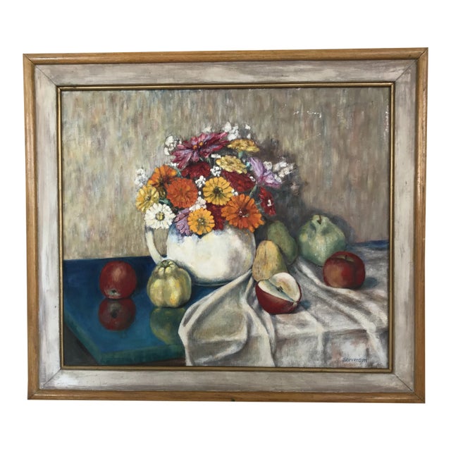 Oil on Masonite Titled “Fruit and Flowers” by Thomas C. Stevenson For Sale