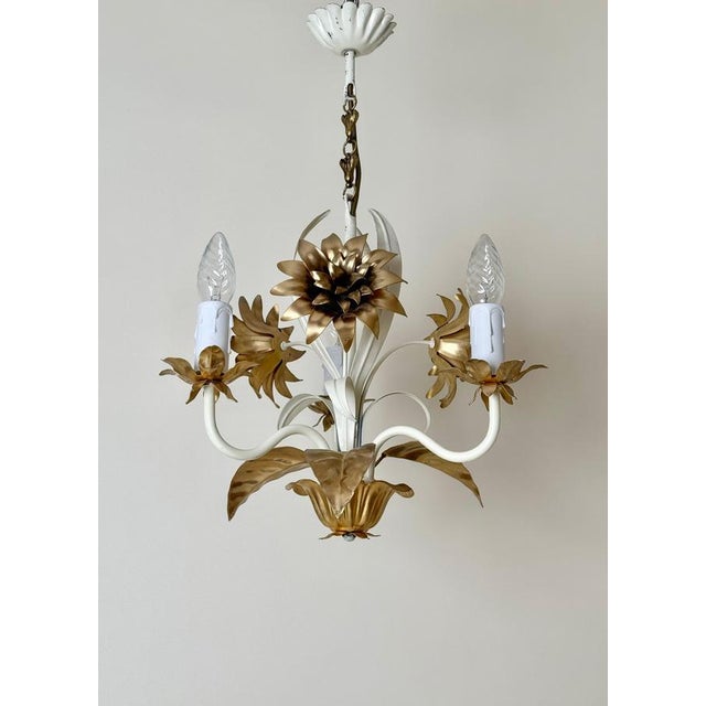 Hollywood Regency Hollywood Regency Cream and Gilt 3-Arm Chandelier with Floral Details, 1970 For Sale - Image 3 of 15