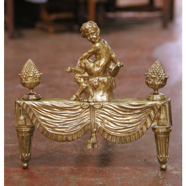 Pair of 19th Century French Louis XVI Bronze Doré Andirons With Seated Putti For Sale - Image 4 of 9