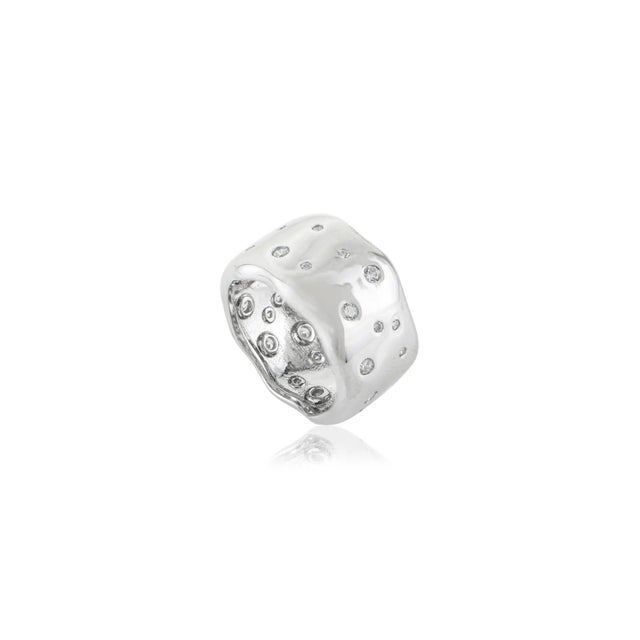 Silver Carat&Her Molten Silver Scatter Ring, Wide Cigar Band With Cz Studded Size 7.5 For Sale - Image 8 of 12