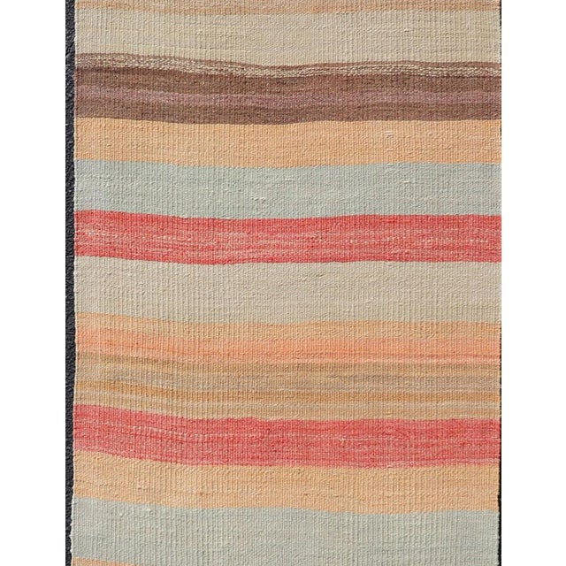 Measures: 2'4 x 8'7 Vintage Turkish Kilim Runner with Coral, Tan and Soft Blue Stripes. Keivan Woven Arts / rug/EN-P13226,...