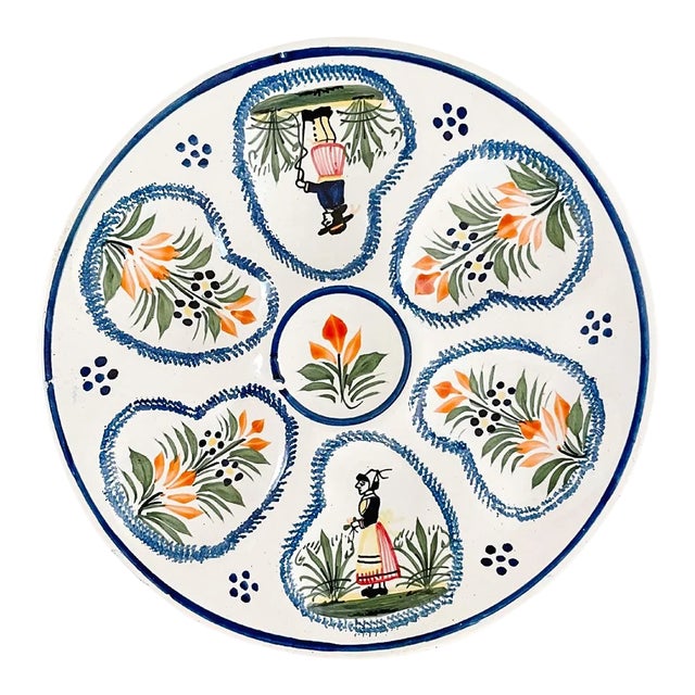 French Faience Henriot Quimper Breton Couple Oyster Plate For Sale
