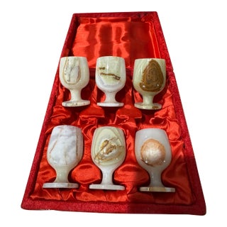 Vintage Hand-Carved Multi-Colored Banded Onyx Wine Goblets in Red Satin Case - Set of 6 with Box For Sale