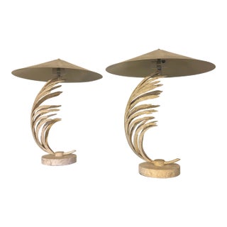 1990s Fabulous Vintage Original Pair of Michael Taylor Metal Palm Leaf Lamps With Metal Shades Travertine Base For Sale