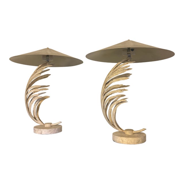 1990s Fabulous Vintage Original Pair of Michael Taylor Metal Palm Leaf Lamps With Metal Shades Travertine Base For Sale