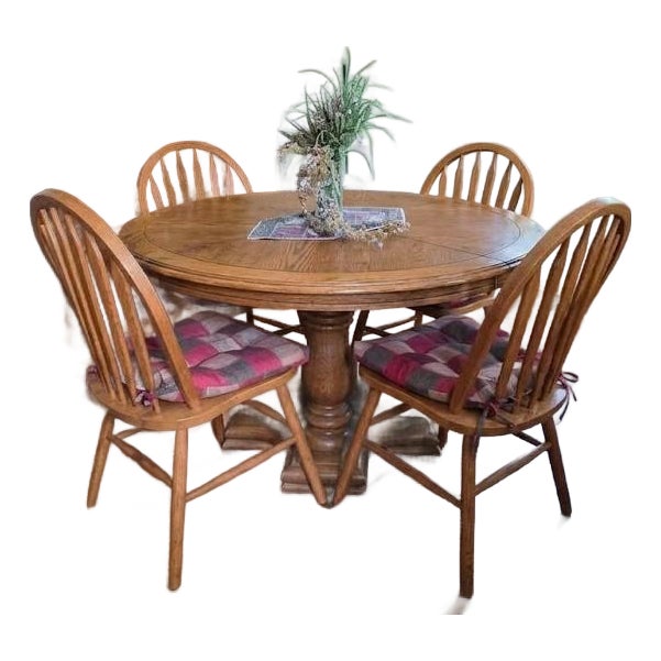 Vintage Thomasville Solid Oak Pedestal Dining Set - Complete 7-Pc Set W/ Leaves & Chairs For Sale