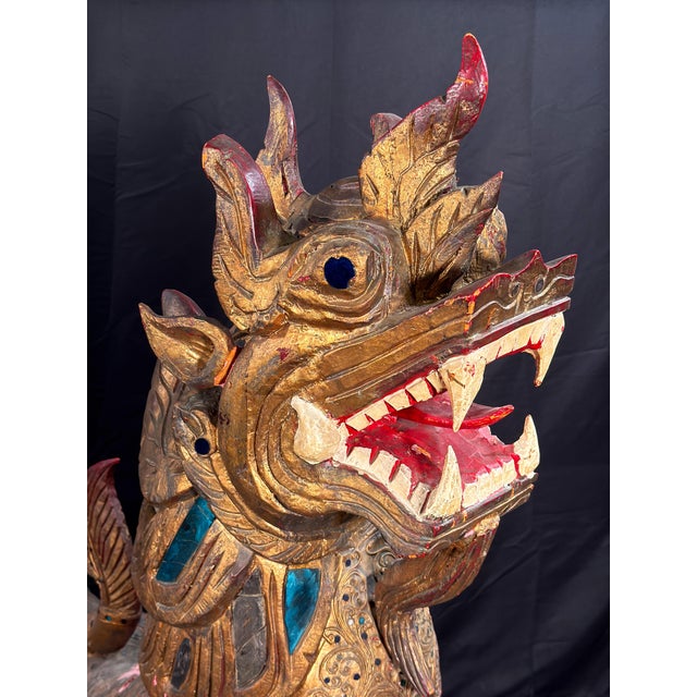 Antique c.1920's/30's Pair of Monumental Burmese Carved Wood Gilt Temple Guardian Lions / Foo Dogs For Sale In Providence - Image 6 of 18