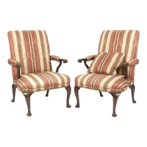 Early 20th Century Pair of Georgian Queen Anne Style Mahogany Upholstered Arm Chairs Damask Fabric
