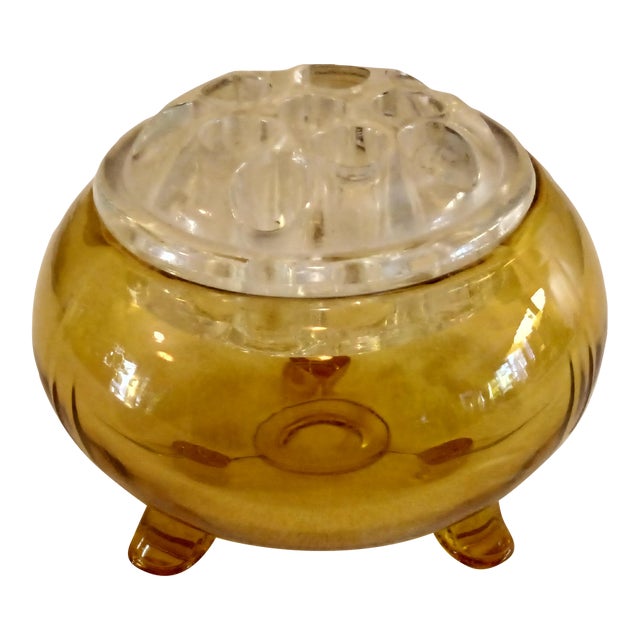 Vintage 1950's Viking Amber Flowerlite Frog 4 1/4" With Crystal Frog For Sale