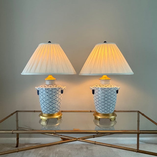 1980s 1980s Chinoiserie Hollywood Regency Blue and White Fishnet Table Lamps With Custom Fabric Shades - A Pair For Sale - Image 5 of 17