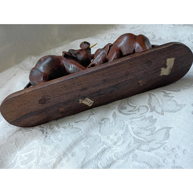 Vintage Hand-Carved Rosewood Fighting Elephants Sculpture on Base For Sale - Image 4 of 6