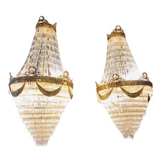 Pair of Palatial Bronze and Crystal Swag Design Louis XVI Style Chandeliers For Sale