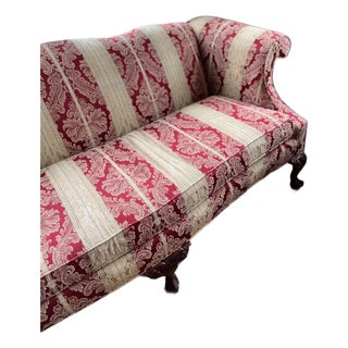 Chippendale-Style Camelback Sofa in Red & Gold Striped Damask With Claw-and-Ball Feet For Sale