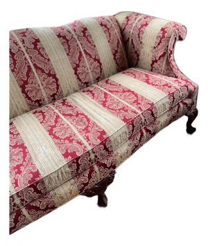 Chippendale-Style Camelback Sofa in Red & Gold Striped Damask With Claw-and-Ball Feet