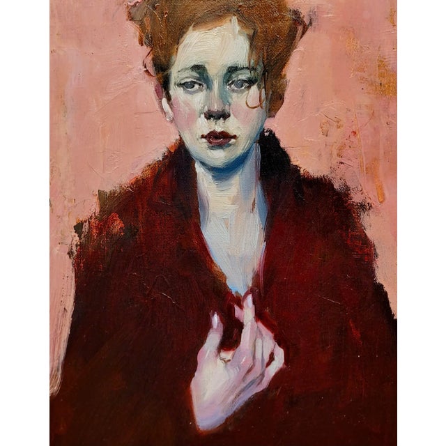 Malcolm Liepke -Melancholic Girl Wearing a Red Coat -Oil Painting For Sale - Image 4 of 10