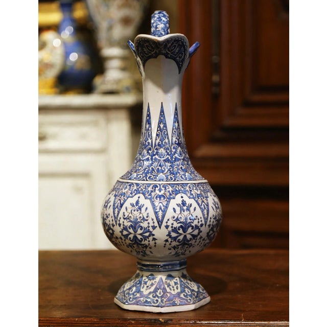 Late 19th Century 19th Century French Hand Painted Blue and White Faience Ewer Signed Hr Quimper For Sale - Image 5 of 12