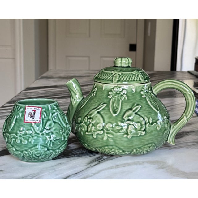 Late 20th Century Vintage Bordallo Pinheiro Easter Bunny Tea Pot & Open Sugar Bowl - Set of Two For Sale - Image 5 of 12