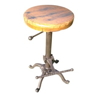 Industrial Adjustable Cast Iron Bar Stool with Wooden Seat For Sale