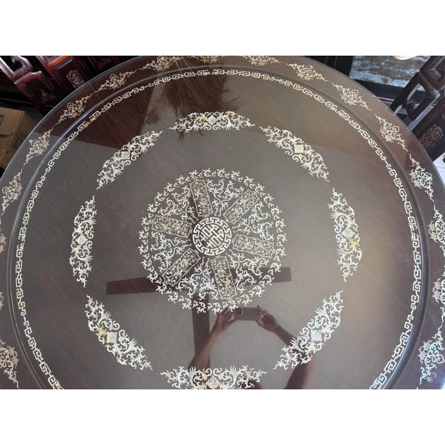 Mid 20th Century Vintage Chinese Dragon & Phoenix Banquet Suite – Exceptional Mother-of-Pearl Inlaid Dining Ensemble For Sale - Image 5 of 14