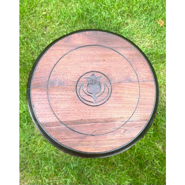 Antique, Walnut, Tripod, Occasional Table, Carved Tulip Motif, Geometric-Incised Details, Victorian/Eastlake Attributes, C 1900-1930’s For Sale - Image 4 of 12