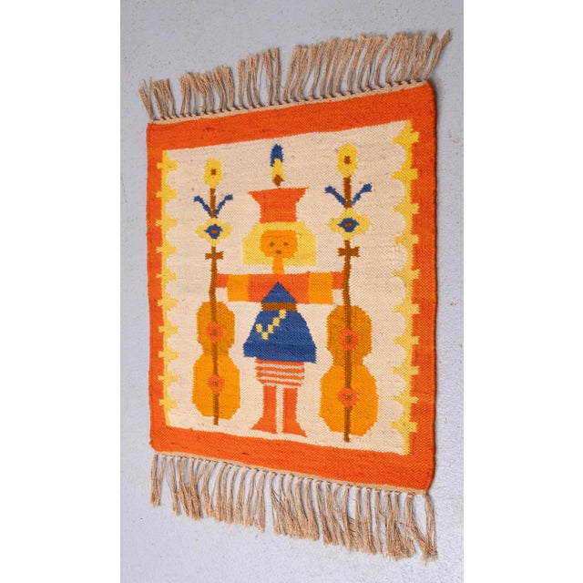 Orange Polish Hand-Knotted Square Wall Tapestry with Musician Motif, 1960s For Sale - Image 8 of 12