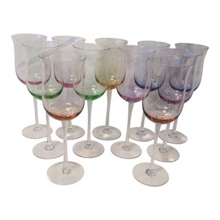Italian Multi Colored Tall Stem Crystal Wine Glasses - Set of 11 For Sale