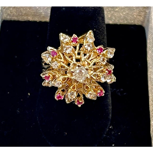 Gemstone Natural Ruby and Diamond 14 Karat Yellow Gold Flower Cocktail Ring For Sale - Image 7 of 18