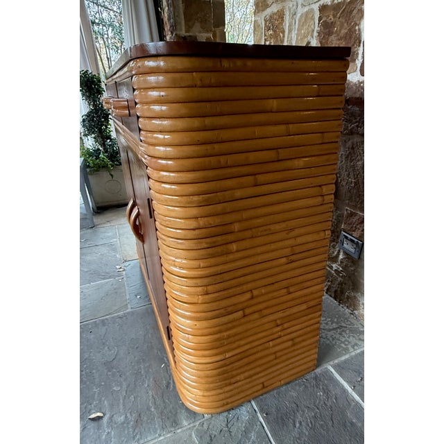 1940s 1940s Restored Stacked Rattan Storage Cabinet With Mahogany Top in Style of Paul Frankl Bar Cabinet For Sale - Image 5 of 13