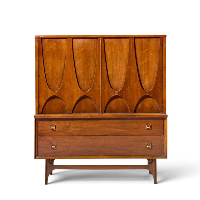 Broyhill Brasilia Mid Century Walnut and Brass Gentleman Chest Highboy Dresser This highboy measures: 44 wide x 19 deep x...