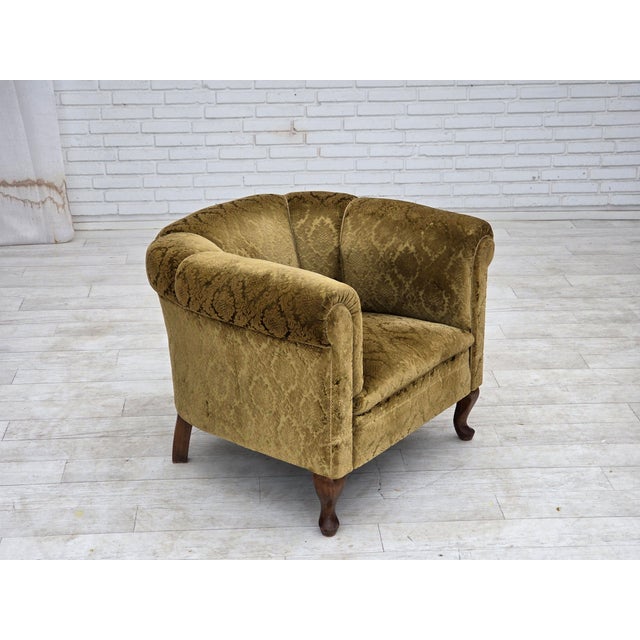1950s, Danish relax chair. Green furniture velour, beech wood legs, brass springs in the seat. Original very good...