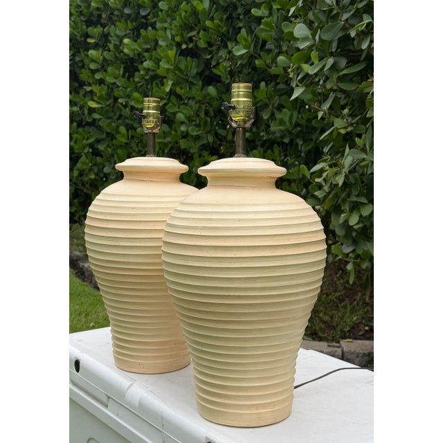 Late 20th Century Vintage Ribbed Ceramic Table Lamps – Pair For Sale - Image 5 of 12