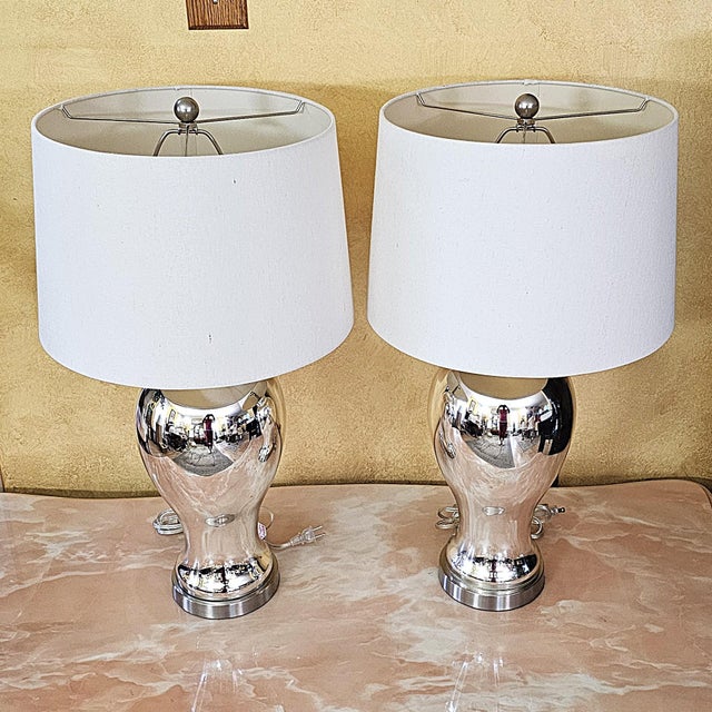 Glass Pair of Vintage Mercury Glass Table Lamps With Light-Gray Drum Shades For Sale - Image 7 of 18
