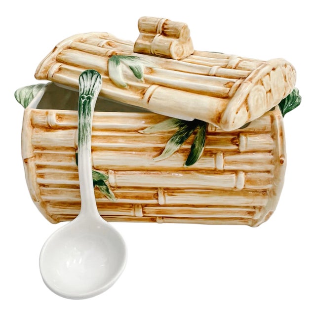 1990s Italian Faux Bamboo Soup Tureen With Lid & Ladle For Sale