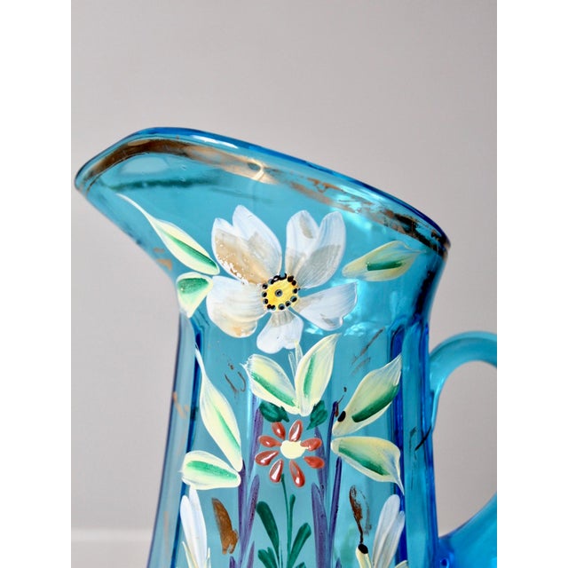 Late 19th Century Antique Blue Hand-Painted Glass Pitcher and Tumbler Set For Sale - Image 5 of 14