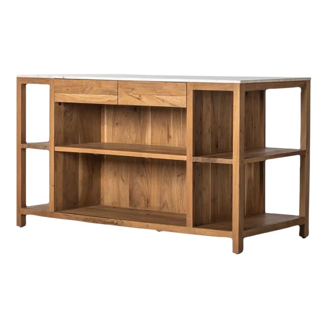 Four Hands Indira Kitchen Island, Smoked Acacia & White Marble For Sale