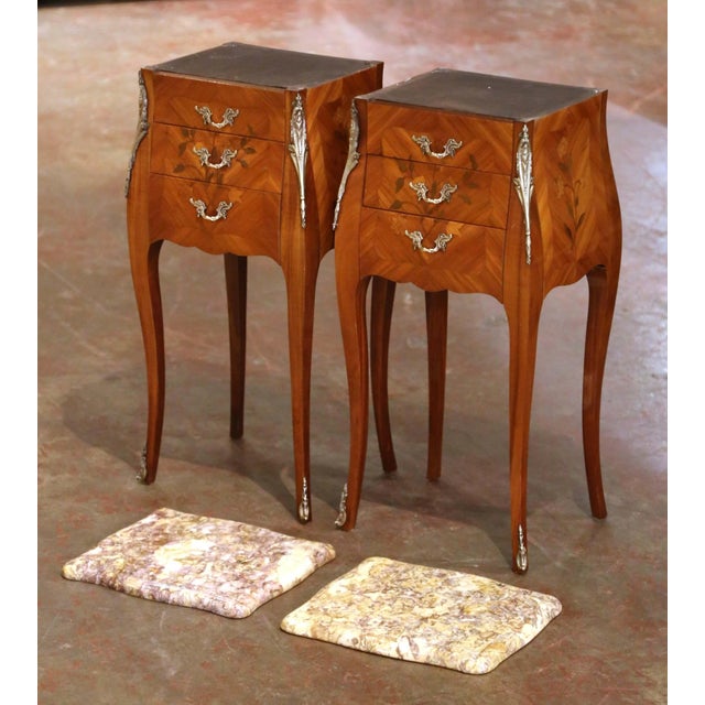 Pair Mid-Century French Louis XV Marquetry Bedside Tables With Marble Tops For Sale - Image 9 of 11