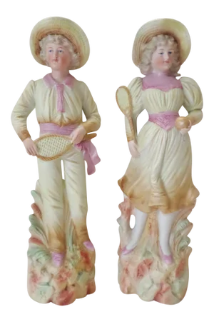 German Antique Bisque Tennis Playing Gentleman & Lady Figurines - a Pair