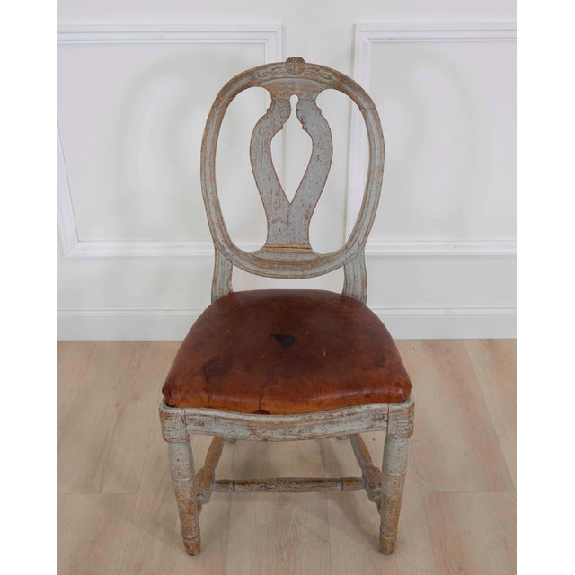 Gustavian (Swedish) 18th Century Swedish Gustavian Chair with Original Paint and Leather Seat For Sale - Image 3 of 7