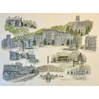 1980s U.S. Military Academy West Point Campus Print by Liz Bryant – Hand-Colored Architectural Illustration, 24” X 18” For Sale