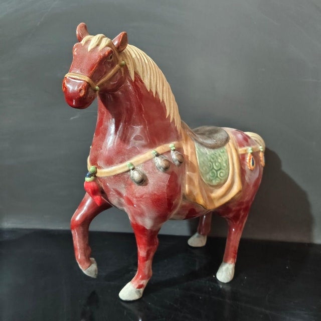 Art Deco 1. **Hand-Painted Ceramic Horse Statue, Red Body, Cream Mane & Tail, Saddle & Bell Accents** For Sale - Image 3 of 6