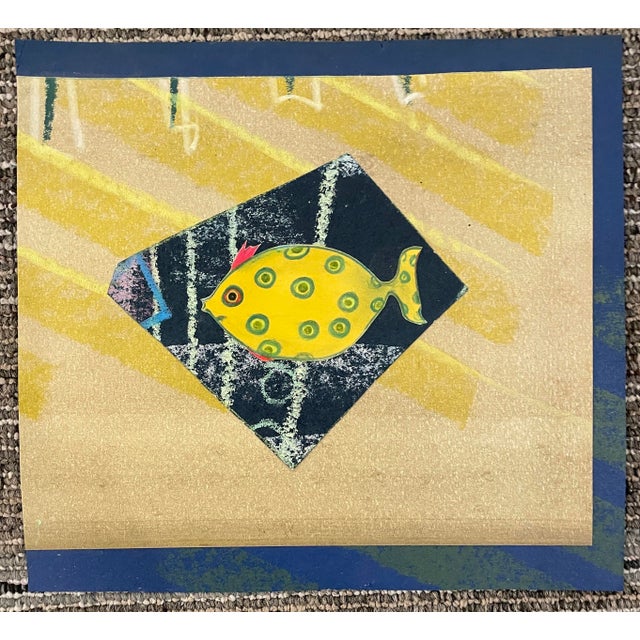 1980s collage of a fish, several layers of paper with paint and oil pastel. Unsigned, but from a larger group of works by...