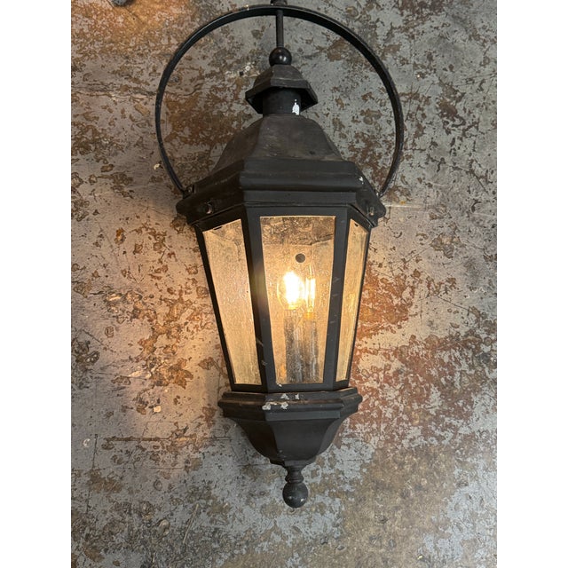 Late 20th Century Outdoor Metal + Glass Three Light Lantern, Vintage For Sale - Image 5 of 12