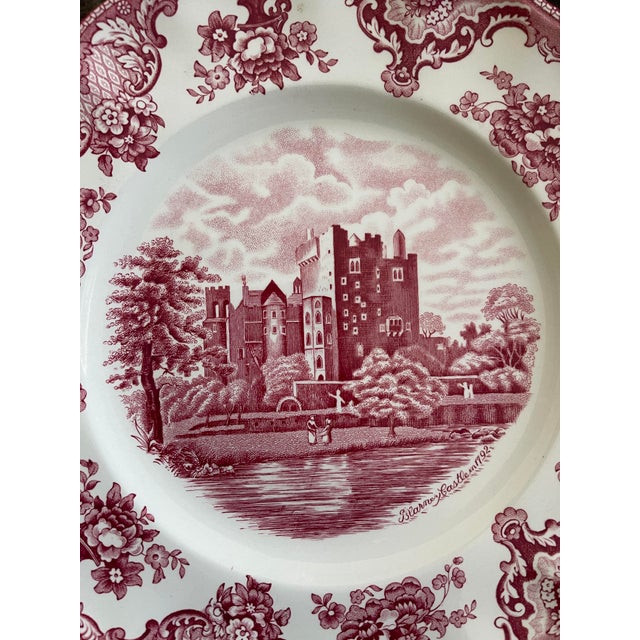 Vintage English Pink Transferware Dinner Plates in Old Britain Castles - Set of 7 For Sale - Image 12 of 12