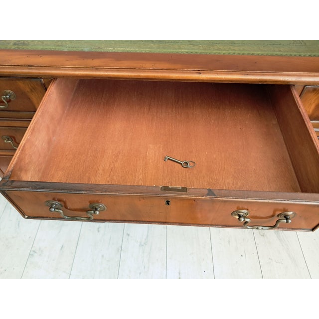Antique Twin Pedestal Desk in Dark Yew Wood and Leather Top, 1980 For Sale - Image 15 of 18