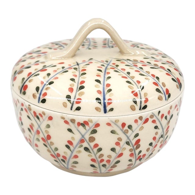 Hand-Painted Bat Trang Lidded Ceramic Bowl With Ivory With Multicolor Leaf Motif For Sale