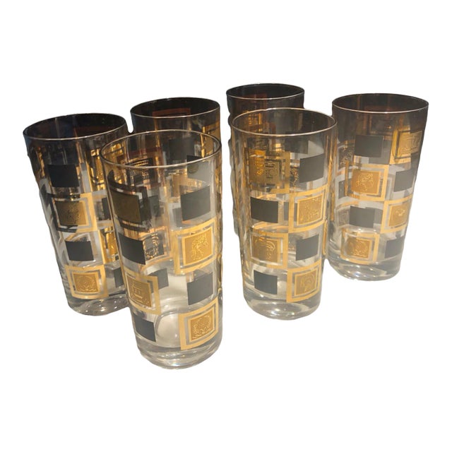 Vintage Cera Cora Black and 24k Gold Squares Highball Glasses -Set of 6 For Sale