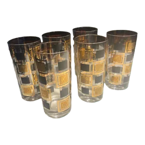 Vintage Cera Cora Black and 24k Gold Squares Highball Glasses -Set of 6