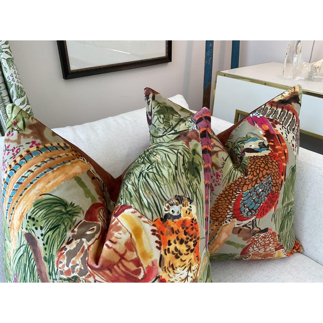 Velvet Mulberry for Lee Jofa Game Birds in Fig and Multi and Stone Pillows- a Pair For Sale - Image 4 of 5