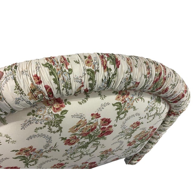 Vintage upholstered headboard with a softly arched silhouette and rounded corners. Upholstered in a classic floral chintz...