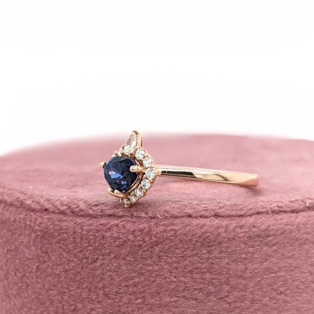Trillion 6x4.5mm Ceylon Sapphire Ring W Earth Mined Diamonds in Solid 14k Gold, Size 6.75 For Sale In Columbus - Image 6 of 12